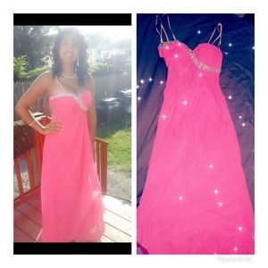 Long Silk Flowy Pink Rhinestone Prom Dress